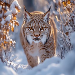 Fototapeta premium Majestic Lynx Emerging from Snowy Winter Landscape