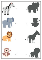 Match each animal with its correct shadow on the right side. Matching shadow worksheet for kindergarten, find the correct shadow activity, animals worksheet for kids