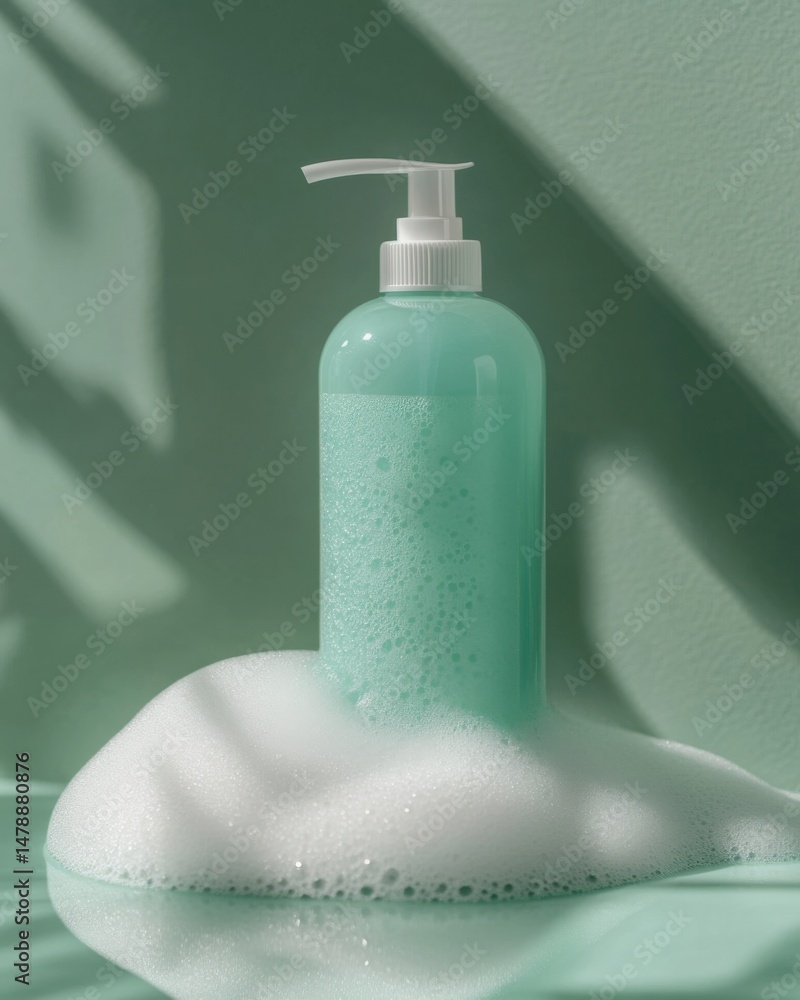 Poster mint green soap dispenser with foam overflow studio shot on light green background with leaf shadow