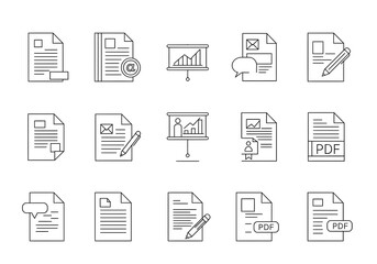 Set of  Line-Art Document Icons Representing Various File Types