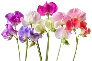Vibrant array of sweet pea flowers in a spectrum of colors against white