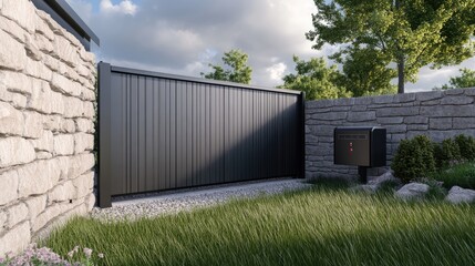 Obraz premium Modern dark gray sliding gate between stone walls.