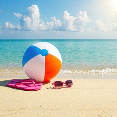 Obraz premium Colorful beach ball with pink flip flops and sunglasses on sand