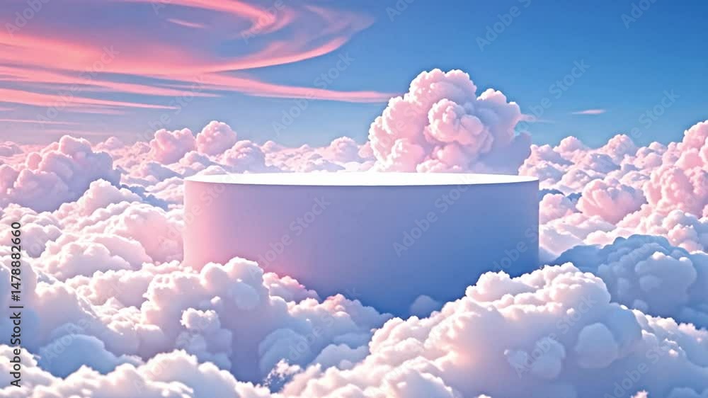 Poster serene surreal scene where fluffy clouds fill sky creating dreamy atmosphere. smooth white platform 