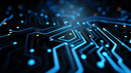 Futuristic blue circuit lines on geometric tech background, symbolizing digital innovation and advanced technology
