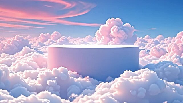 serene surreal scene where fluffy clouds fill sky creating dreamy atmosphere. smooth white platform rises above clouds blending seamlessly soft pastel hues of pink blue that dominate sky....