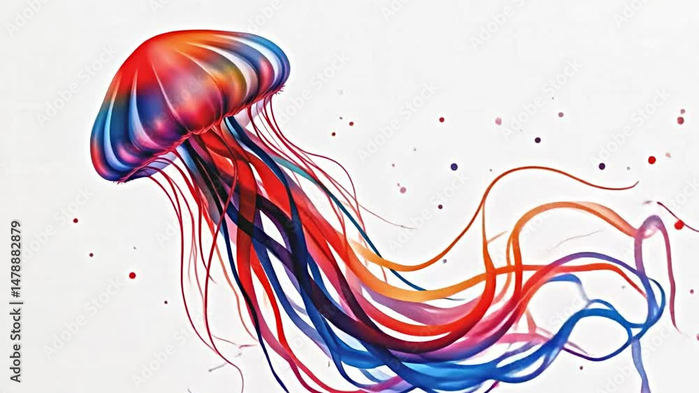 Poster vibrant jellyfish blend of colors primarily blue red set against plain white background. jellyfish's