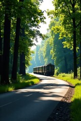 Obraz premium Serene Journey A freight train meanders along a sun-dappled road, winding through a vibrant green forest canopy