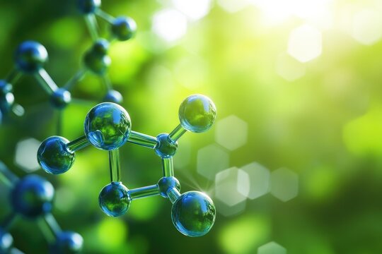 Molecular structure in a vibrant natural setting.  A complex chemical structure, featuring interconnected atoms, is beautifully highlighted against a backdrop of lush green foliage and sunlight