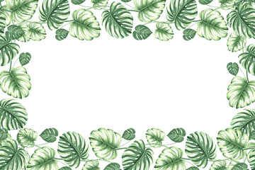 Watercolor frame of tropical palm leaves illustration isolated. Postcard template from exotic plants. Hand drawn lush greenery foliage monstera in realistic style. Botanical border with copy space.