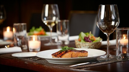 Formal dining table setting with grilled salmon dish.