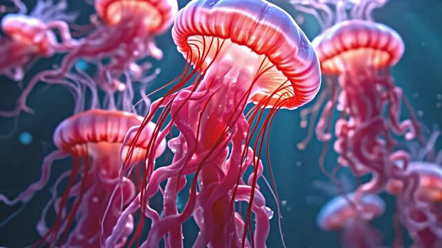 underwater scene filled vibrant glowing jellyfish floating gracefully deep blue ocean. jellyfish their translucent pink red hues create striking contrast against dark backdrop drawing...