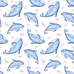 Killer whale and fish watercolor seamless pattern for baby designs. Cute sea animal characters illustration for children backgrounds. Hand drawn underwater inhabitants. Marine mammals in kids style.