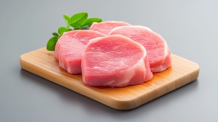 Fresh Raw Pork Tenderloin Slices on Wooden Cutting Board Ready for Cooking Delicious Meat
