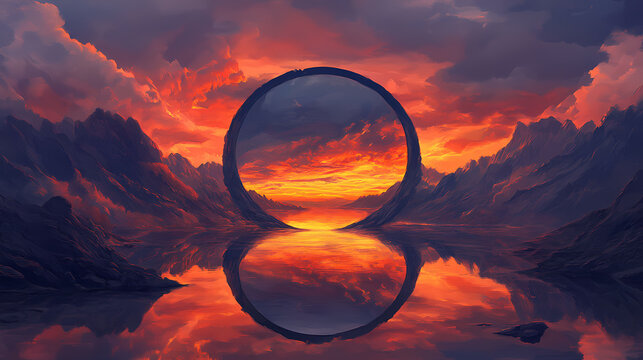 Reflecting the fantastical realm a mirror s duality of reality and dreams. illusionary mirror portal. illustration. [Mirrored Realms] | Twin Horizon | parallel sunset. Illustration