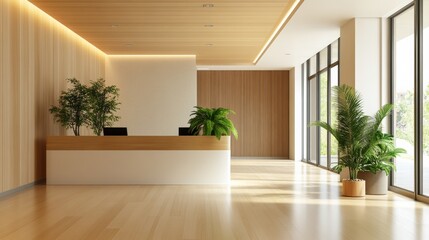 A modern reception area with minimalist bright LED lighting, and a welcoming ambiance,