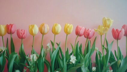 Spring tulips in pastel hues, aligned neatly on a pastel pink background