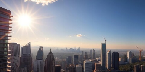 Sun-drenched cityscape panorama from modern high-rise, nature and urban skyline merging, city view, trees