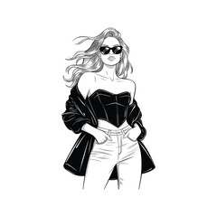 Stylish Girl Fashion Illustration in Monochrome with Sunglasses and Modern Outfit