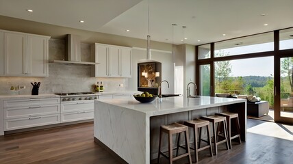 White kitchen with large center island.