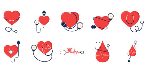 Set of hypertension illustration with heart, blood pressure, stethoscope, heart pulse for hypertension day, heart day. Vector isolated.