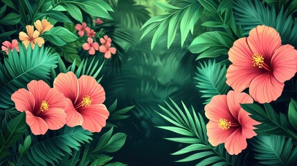 Lush tropical foliage with vibrant hibiscus flowers.