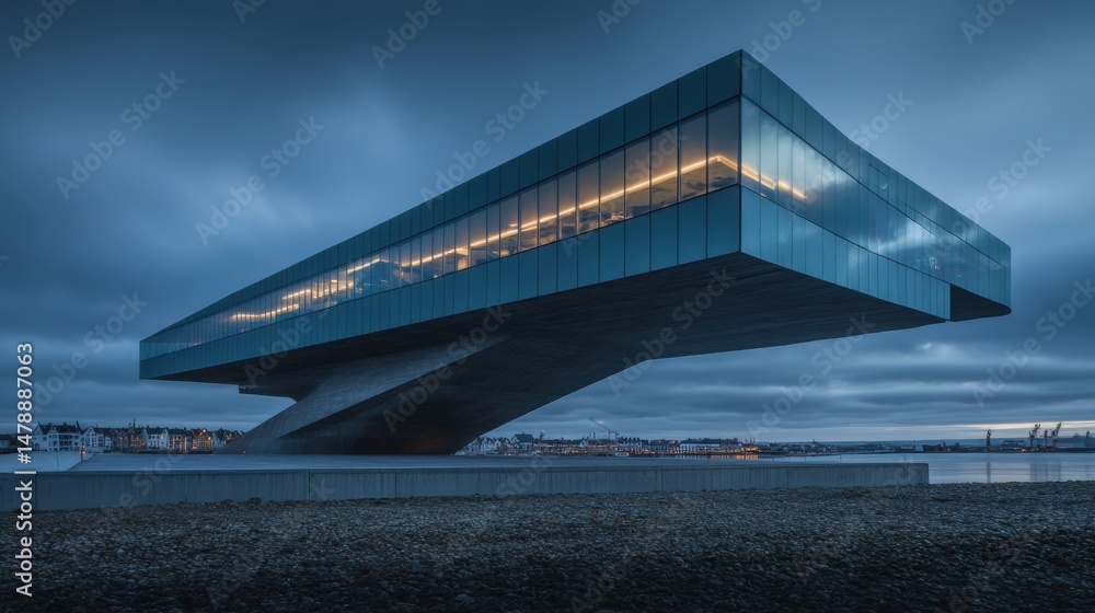 Poster striking architecture of v&a dundee museum at dusk low angle view modern building scotland uk