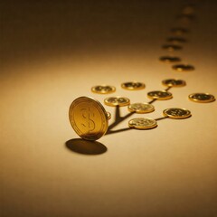 Gold dollar coin standing with scattered coins on beige background