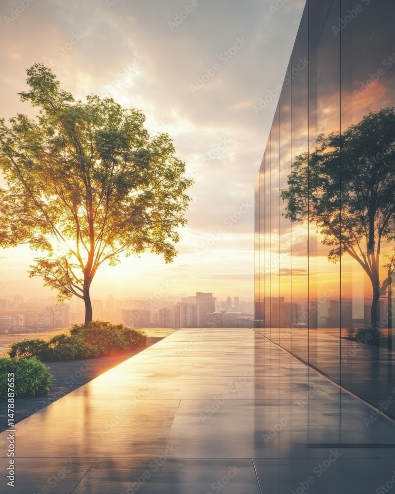 Poster rooftop garden at sunrise overlooking cityscape with modern architecture and tree reflection in glas
