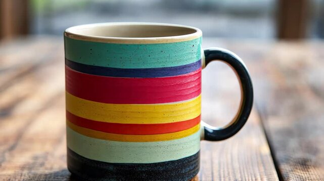 Ceramic mug displays vibrant stripes in a cozy cafe setting with rustic wooden table, Ceramic mug features colorful, vibrant horizontal stripes on textured background