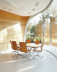 Fototapeta premium Modern conference room interior with wood wall and curved glass window overlooking garden daytime