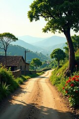 Obraz premium Serene Country Road Winding Through Lush Green Hills, Past a Stone House and Vibrant Flowers Under a Sunny Sky
