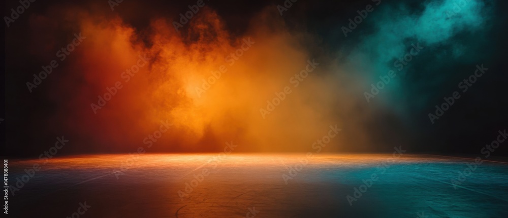 Poster abstract stage background with orange and teal smoke effect and dark backdrop studio shot