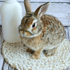 Obraz premium Adorable Bunny Sits with a bottle on a Woven Mat in a Soft, Rustic Scene