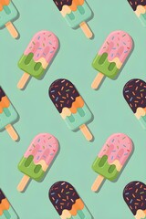 Colorful Popsicles Pattern on Mint Background &ndash; Flat Style, High Resolution