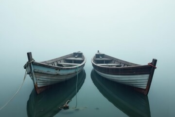 Two weathered wooden rowboats, serenely afloat on a calm misty lake, mirroring each other in the still water, a scene of quiet contemplation and peaceful solitude.