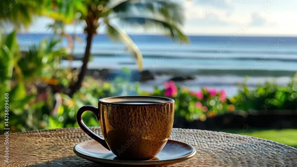 Poster enjoying morning coffee with an ocean view from a beautiful tropical setting, coffee cup on a table 