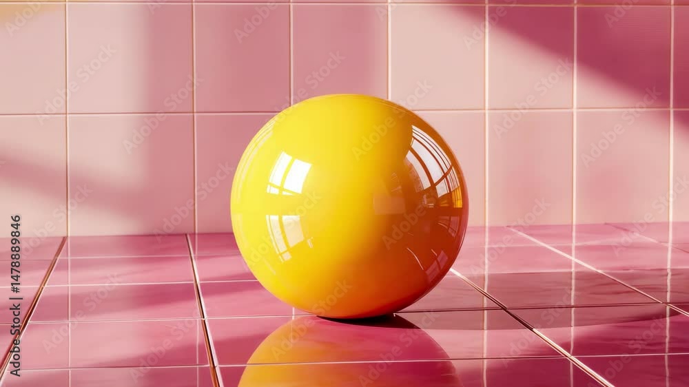 Poster yellow sphere resting on glossy pink and orange geometric tiles in a bright space, 3d render of a ye