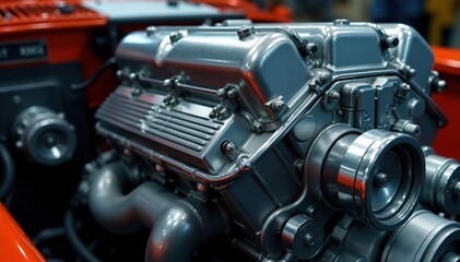 Fototapeta premium Close-up of a powerful engine block, gleaming chrome and intricate details Industrial, automotive, machinery, construction , engine block, gears, screws