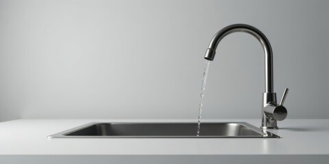 Modern Kitchen Faucet with Water Flowing into Stainless Steel Sink