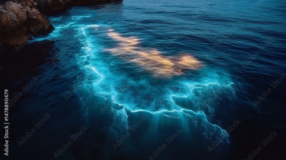 Poster bioluminescent aquatic plants glowing the deep ocean creating light patterns along the sea floor in 