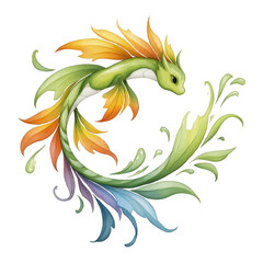 Fototapeta premium A whical green dragon with leafy fins swims through watercolor splashes.