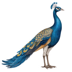 Obraz premium A vibrant peacock with blue plumage stands gracefully on a white background.