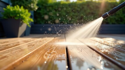 Pressure Washing a Wooden Deck in Sunlight Revitalizing Outdoor Spaces