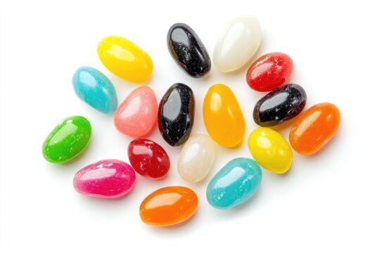 Colorful jelly beans scattered on a white background.  A variety of bright, vibrant colors including red, orange, yellow, green, blue, pink, and black.  Oval shaped, translucent, and speckled candies