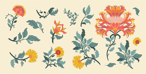 Vintage Mughal Floral Elements Set Traditional Indian Botanical Ornaments for Textile, Print, and Decor Design