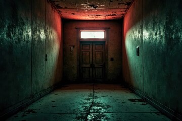 Obraz premium Mysterious Hallway with Aged Walls and a Closed Door Leading to an Unknown Destination