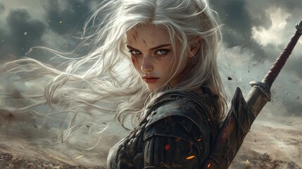 Obraz premium A woman with long white hair in a remote desert, clutching a dagger, background wallpaper AI generated image