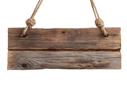 Rustic Brown Wooden Hanging Sign with Hemp Rope on Transparent Background, PNG