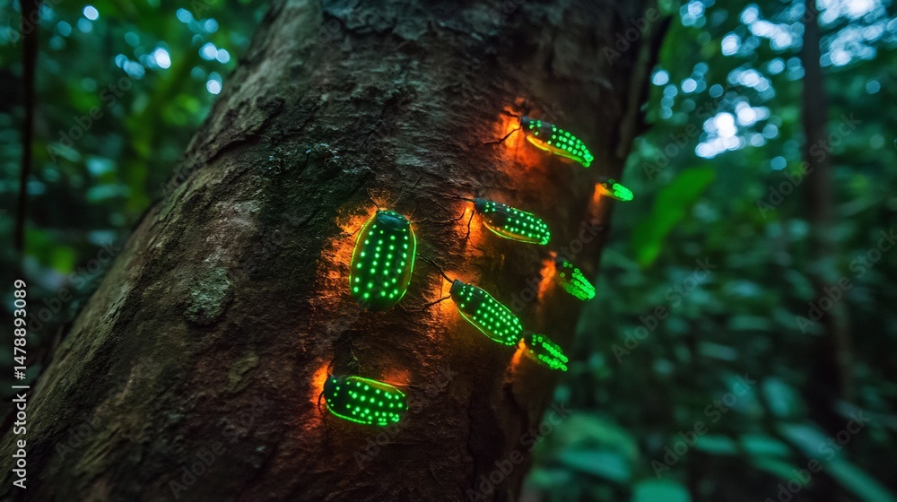 Poster bioluminescent beetles clinging tree bark their bodies casting a soft glow in the dark jungle creati